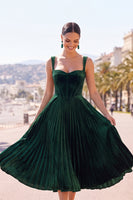 Load image into Gallery viewer, Dark Green Corset Pleated A Line Velvet Thick Straps Midi Wedding Guest Dress