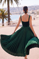 Load image into Gallery viewer, Dark Green Corset Pleated A Line Velvet Thick Straps Midi Wedding Guest Dress