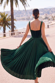 Dark Green Corset Pleated A Line Velvet Thick Straps Midi Wedding Guest Dress
