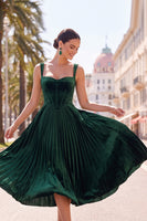 Load image into Gallery viewer, Dark Green Corset Pleated A Line Velvet Thick Straps Midi Wedding Guest Dress