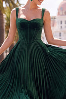 Load image into Gallery viewer, Dark Green Corset Pleated A Line Velvet Thick Straps Midi Wedding Guest Dress
