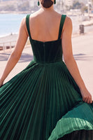 Load image into Gallery viewer, Dark Green Corset Pleated A Line Velvet Thick Straps Midi Wedding Guest Dress