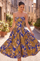 Load image into Gallery viewer, Royal Blue A Line Floral Sweetheart Midi Wedding Guest Dress