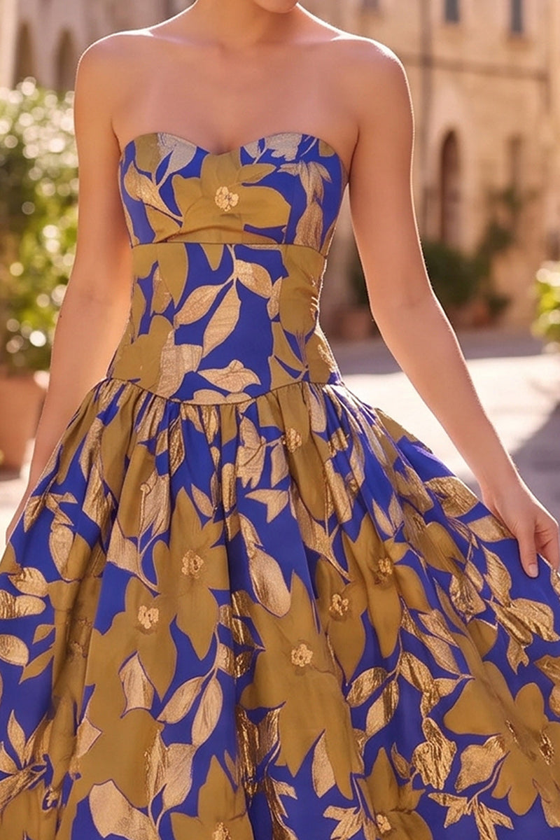 Load image into Gallery viewer, Royal Blue A Line Floral Sweetheart Midi Wedding Guest Dress
