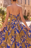 Load image into Gallery viewer, Royal Blue A Line Floral Sweetheart Midi Wedding Guest Dress