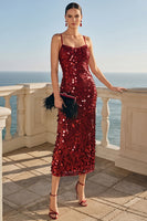 Load image into Gallery viewer, Sparkly Golden Sequin Spaghetti Straps Sheath Long Wedding Guest Dress