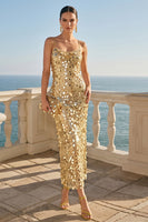 Load image into Gallery viewer, Sparkly Golden Sequin Spaghetti Straps Sheath Long Wedding Guest Dress