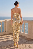 Load image into Gallery viewer, Sparkly Golden Sequin Spaghetti Straps Sheath Long Wedding Guest Dress