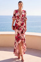 Load image into Gallery viewer, Floral Pink Red Ruffled V-Neck High-Low Wedding Guest Dress with Sleeves