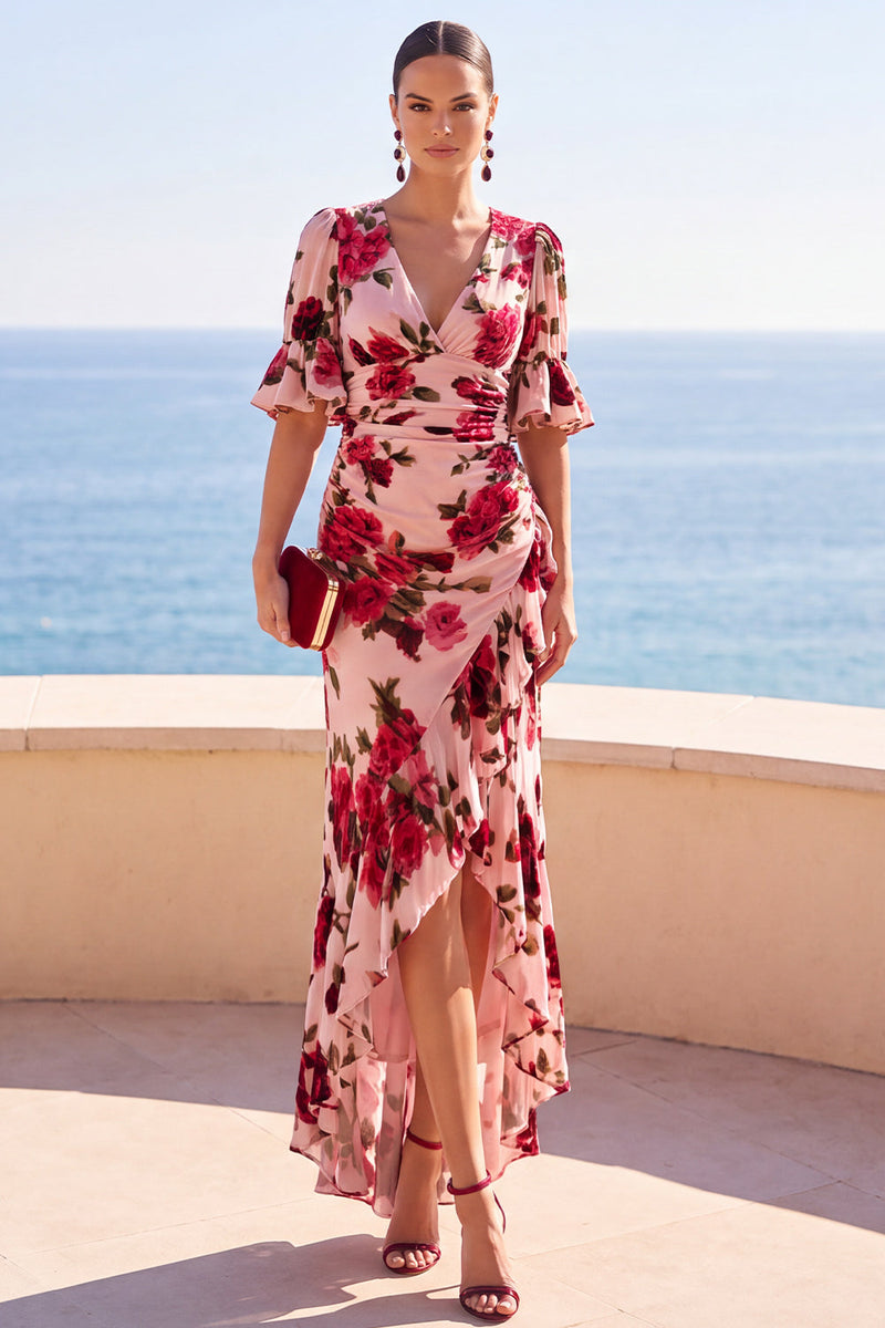Load image into Gallery viewer, Floral Pink Red Ruffled V-Neck High-Low Wedding Guest Dress with Sleeves