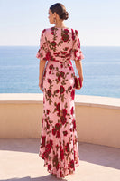 Load image into Gallery viewer, Floral Pink Red Ruffled V-Neck High-Low Wedding Guest Dress with Sleeves