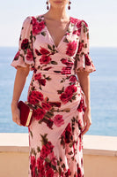Load image into Gallery viewer, Floral Pink Red Ruffled V-Neck High-Low Wedding Guest Dress with Sleeves