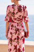 Load image into Gallery viewer, Floral Pink Red Ruffled V-Neck High-Low Wedding Guest Dress with Sleeves