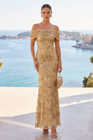 Load image into Gallery viewer, Sparkly Golden Ruched Sequin Floral Mermaid Long Wedding Guest Dress