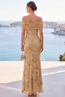 Load image into Gallery viewer, Sparkly Golden Ruched Sequin Floral Mermaid Long Wedding Guest Dress