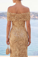 Load image into Gallery viewer, Sparkly Golden Ruched Sequin Floral Mermaid Long Wedding Guest Dress