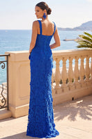 Load image into Gallery viewer, Royal Blue Corset Floral Lace Sheath Long Wedding Guest Dress with Slit