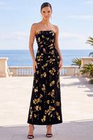 Load image into Gallery viewer, Sparkly Black Golden A Line Strapless Floral Midi Wedding Guest Dress