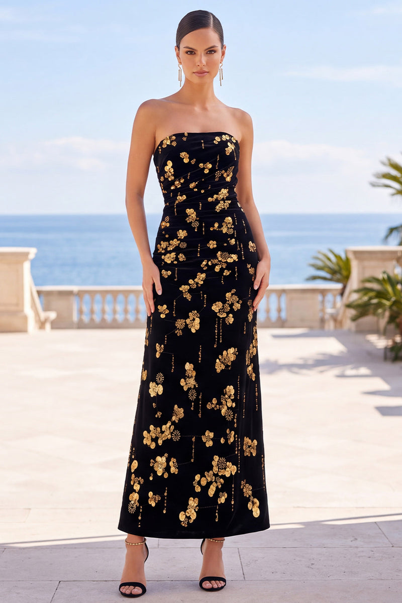 Load image into Gallery viewer, Sparkly Black Golden A Line Strapless Floral Midi Wedding Guest Dress