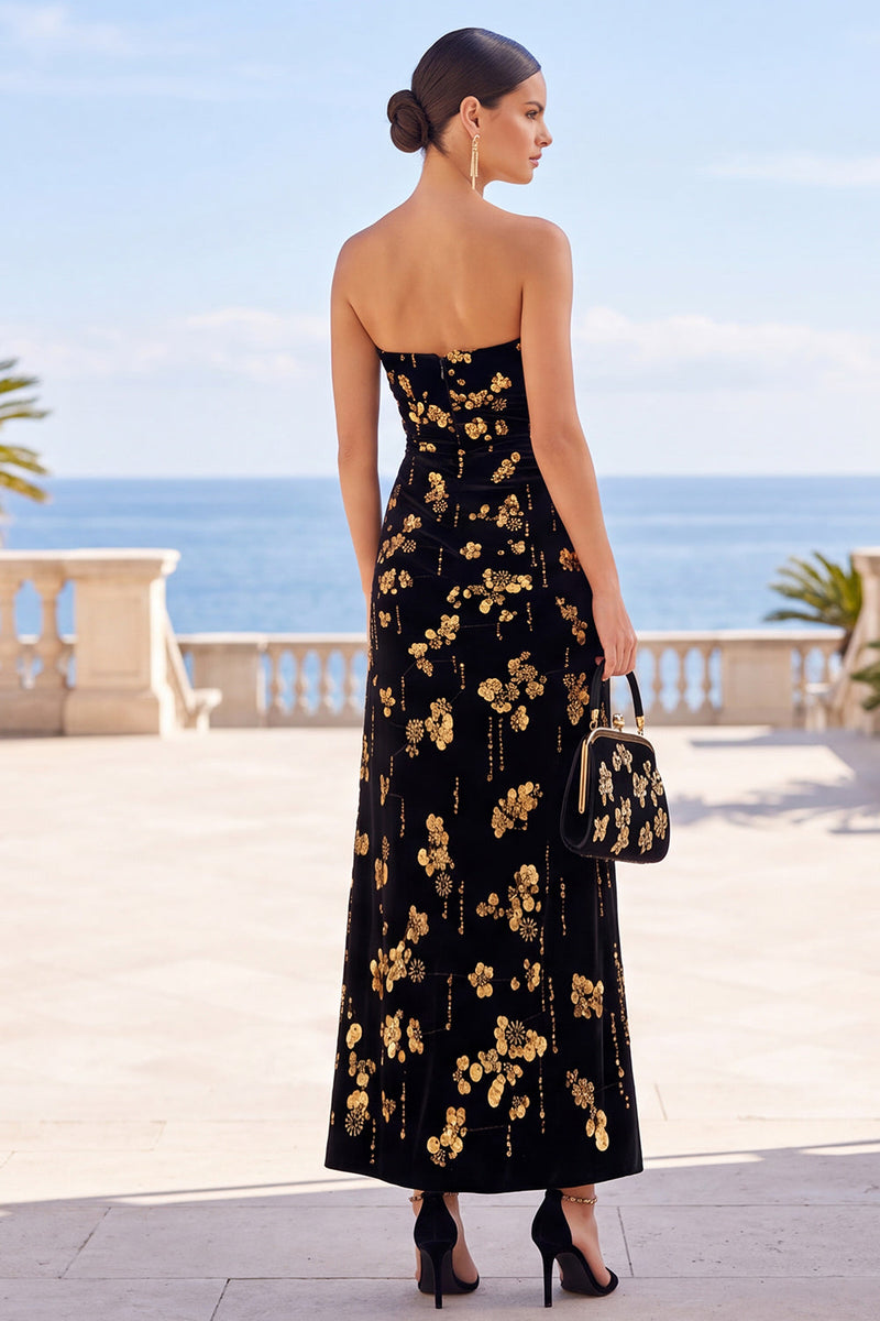 Load image into Gallery viewer, Sparkly Black Golden A Line Strapless Floral Midi Wedding Guest Dress
