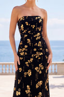 Load image into Gallery viewer, Sparkly Black Golden A Line Strapless Floral Midi Wedding Guest Dress
