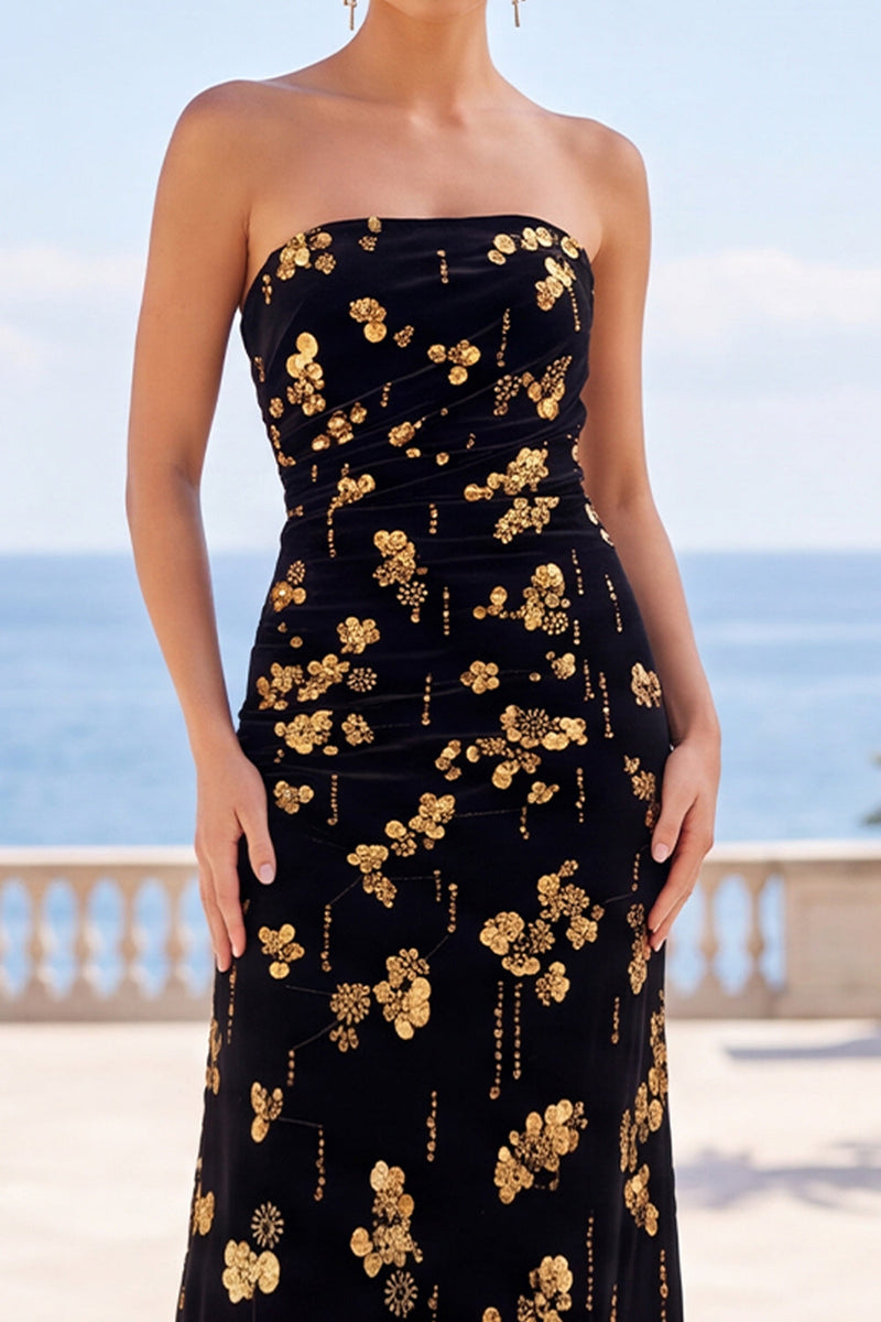 Load image into Gallery viewer, Sparkly Black Golden A Line Strapless Floral Midi Wedding Guest Dress