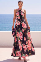 Load image into Gallery viewer, Floral Pink A Line Halter Pleated Long Wedding Guest Dress
