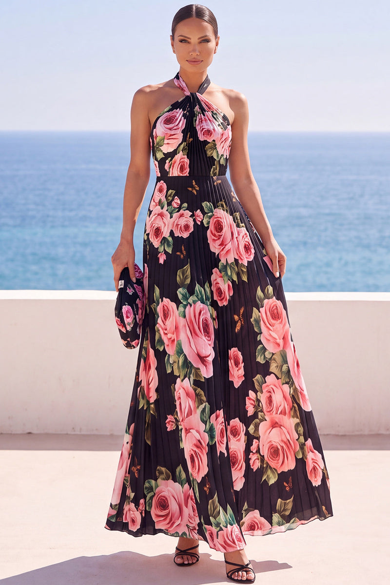 Load image into Gallery viewer, Floral Pink A Line Halter Pleated Long Wedding Guest Dress