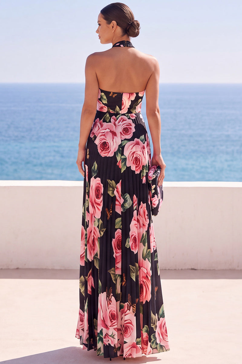 Load image into Gallery viewer, Floral Pink A Line Halter Pleated Long Wedding Guest Dress