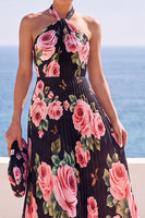 Load image into Gallery viewer, Floral Pink A Line Halter Pleated Long Wedding Guest Dress