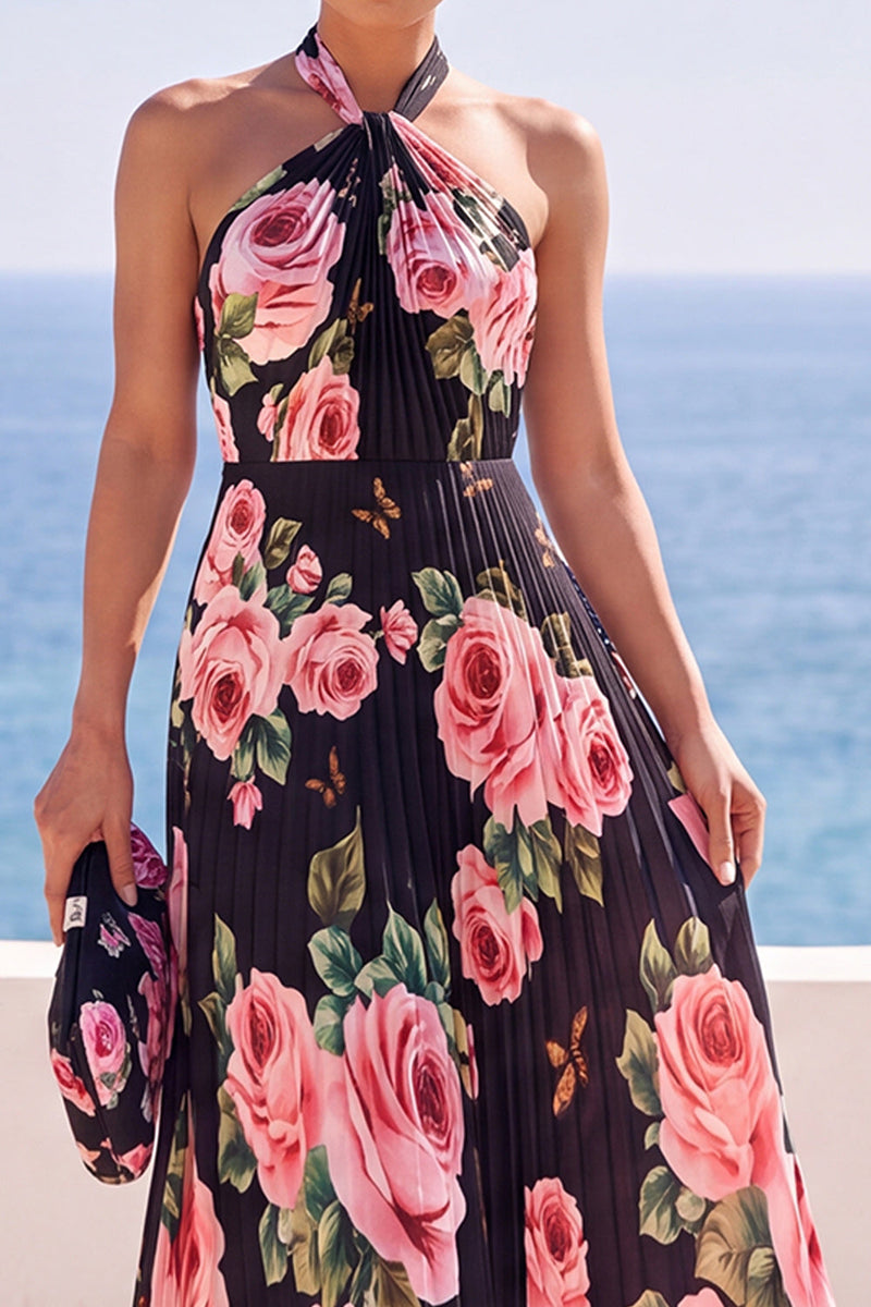 Load image into Gallery viewer, Floral Pink A Line Halter Pleated Long Wedding Guest Dress