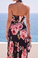 Load image into Gallery viewer, Floral Pink A Line Halter Pleated Long Wedding Guest Dress