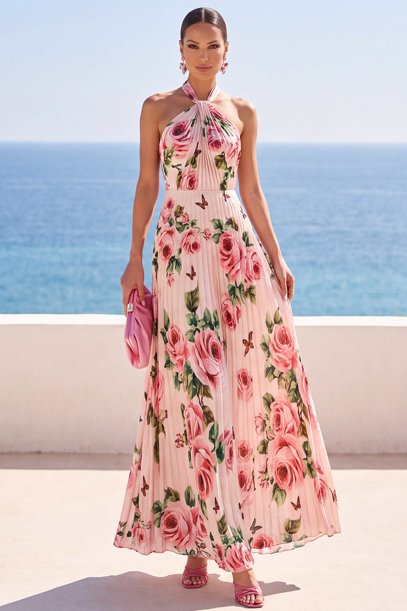 Load image into Gallery viewer, Floral Pink A Line Halter Pleated Long Wedding Guest Dress
