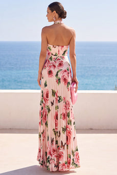 Floral Pink A Line Halter Pleated Long Wedding Guest Dress