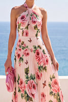 Load image into Gallery viewer, Floral Pink A Line Halter Pleated Long Wedding Guest Dress