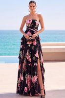 Load image into Gallery viewer, Floral Pink Strapless A-Line Ruffled Long Wedding Guest Dress with Slit