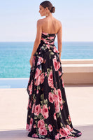 Load image into Gallery viewer, Floral Pink Strapless A-Line Ruffled Long Wedding Guest Dress with Slit