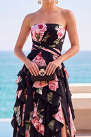 Load image into Gallery viewer, Floral Pink Strapless A-Line Ruffled Long Wedding Guest Dress with Slit