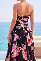 Load image into Gallery viewer, Floral Pink Strapless A-Line Ruffled Long Wedding Guest Dress with Slit