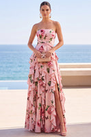 Load image into Gallery viewer, Floral Pink Strapless A-Line Ruffled Long Wedding Guest Dress with Slit