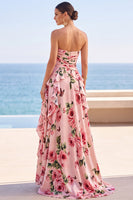 Load image into Gallery viewer, Floral Pink Strapless A-Line Ruffled Long Wedding Guest Dress with Slit