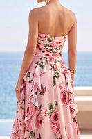 Load image into Gallery viewer, Floral Pink Strapless A-Line Ruffled Long Wedding Guest Dress with Slit