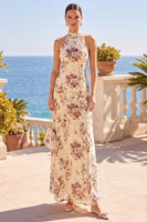 Load image into Gallery viewer, Floral Black A Line High Neck Long Wedding Guest Dress