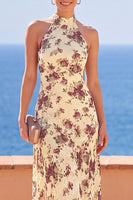 Load image into Gallery viewer, Floral Black A Line High Neck Long Wedding Guest Dress