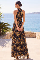 Load image into Gallery viewer, Floral Black A Line High Neck Long Wedding Guest Dress