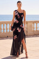 Load image into Gallery viewer, Black Mermaid Ruffled Floral Velvet Asymmetrical Wedding Guest Dress