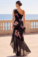 Load image into Gallery viewer, Black Mermaid Ruffled Floral Velvet Asymmetrical Wedding Guest Dress