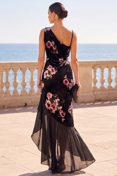 Black Mermaid Ruffled Floral Velvet Asymmetrical Wedding Guest Dress
