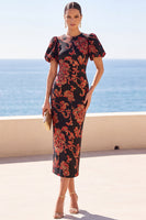 Load image into Gallery viewer, Floral Black Round Neck Sheath Midi Wedding Guest Dress with Sleeves