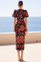 Load image into Gallery viewer, Floral Black Round Neck Sheath Midi Wedding Guest Dress with Sleeves